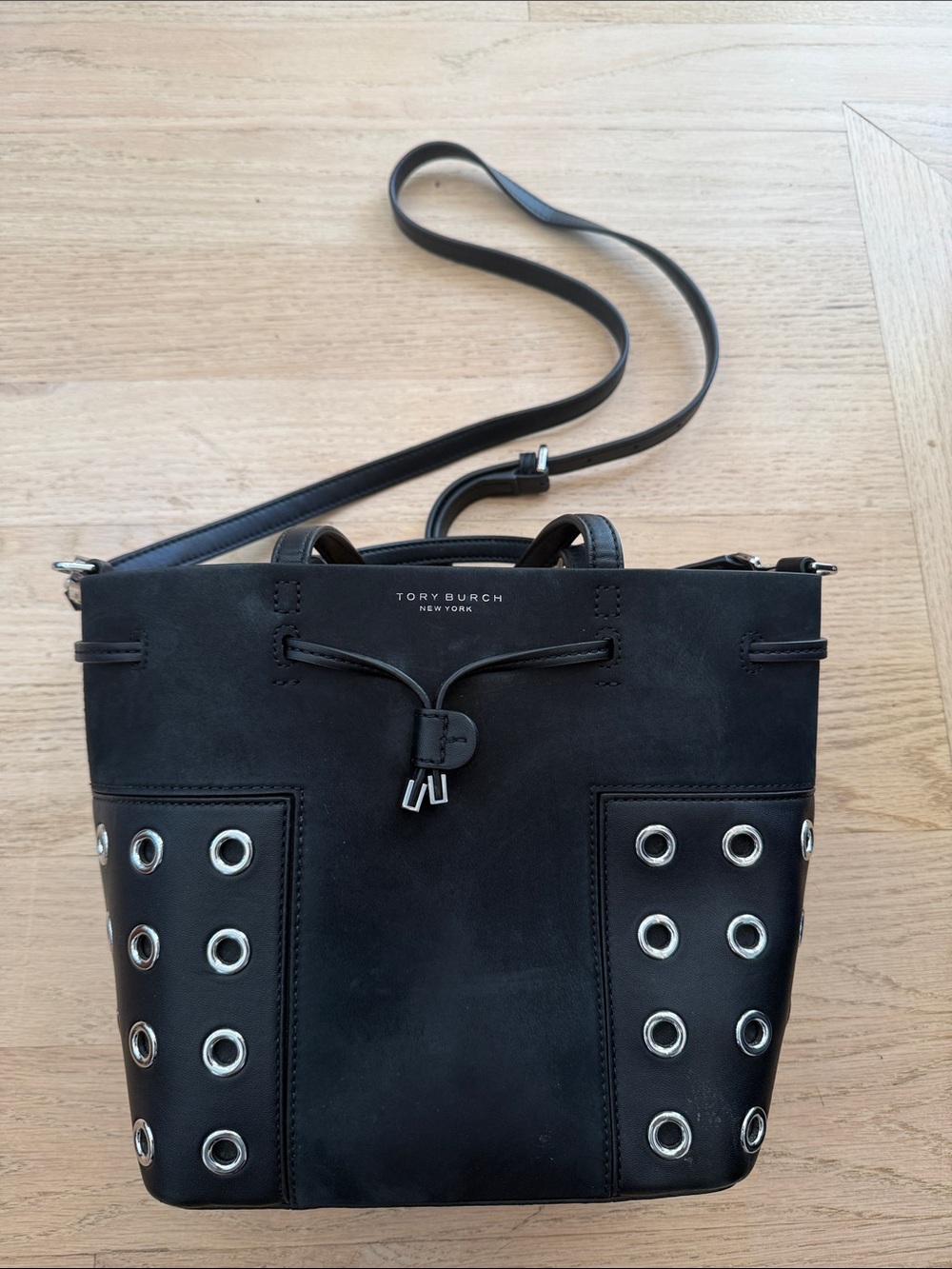 Tory Burch Black Leather Grommet Drawstring Bucket Bag